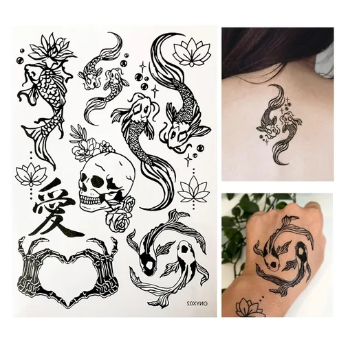 Tatuajes temporales para mujeres adultas – 2 hojas – Black Big Ying y Yang Koi Fish Kanji Love Skeleton Heart Hand Skull Lotus Sleeve Adultos Tattoo