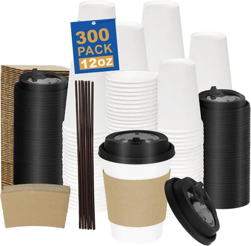 Miniatura 57 de Paquete de 100 tazas de café desechables de pared ondulada corrugada de 16 onzas con tapas y pajitas, tazas aisladas resistentes para bebidas