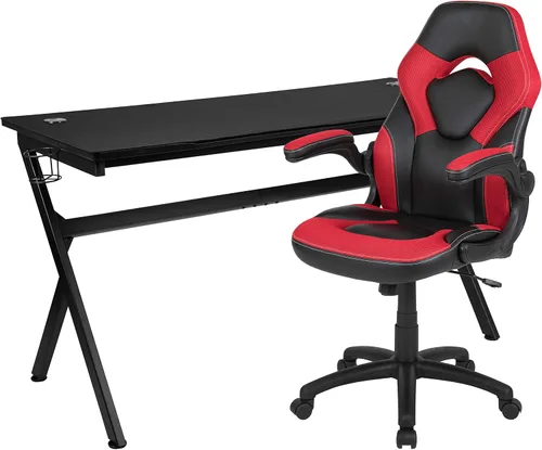 Miniatura 34 de Flash Furniture Juego de escritorio para juegos negro y silla de carreras blanco/negro con soporte para tazas, gancho para auriculares y soporte