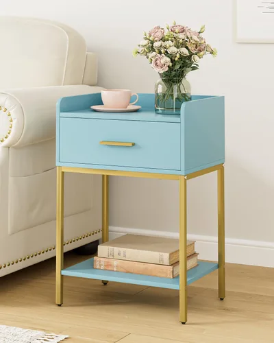 Miniatura 10 de Mesita de noche, mesita de noche moderna de 3 niveles, mesita de noche con cajón de almacenamiento y estante, mesa auxiliar pequeña para dormitorio