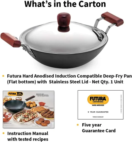 Miniatura 7 de Futura freidora con anodizado duro (Kadhai) con tapa de acero y parte inferior plana, Negro