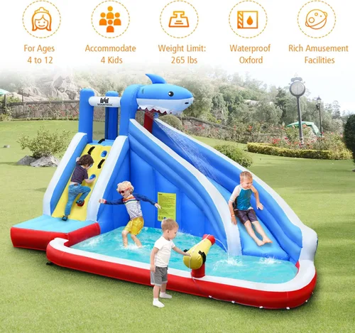 Miniatura 8 de BOUNTECH - Tobogán acuático inflable, parque de toboganes acuáticos con temática de tiburón para niños y adultos, diversión al aire libre