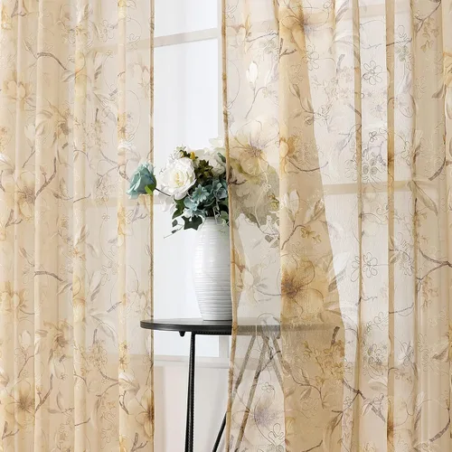 Miniatura 2 de Tollpiz Cortina Corta Transparente de Nivel Beige con Estampado de Hojas y Flores, Bordado Floral, Cortinas de Media Ventana Transparentes