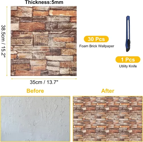 Miniatura 2 de uxcell Paneles de pared 3D para despegar y pegar, 30 piezas de papel tapiz de ladrillo de espuma para dormitorio, panel de pared de piedra