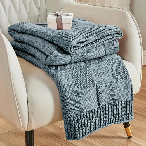 CozeCube Manta de punto a cuadros azul polvoriento, manta decorativa de Navidad suave y acogedora para cama, sofá, sala de estar, 60 x 80 pulgadas