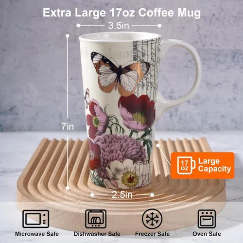Miniatura 8 de Topadorn Taza de café de cerámica de 17 onzas con tapa y caja de regalo para viaje, Flor Roja y Mariposa Botanical Gardens