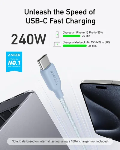 Miniatura 2 de Anker Cable USB C, cable de carga rápida tipo C bio-trenzado de 240 W para iPhone serie 17, MacBook Pro 2020, iPad Pro y más