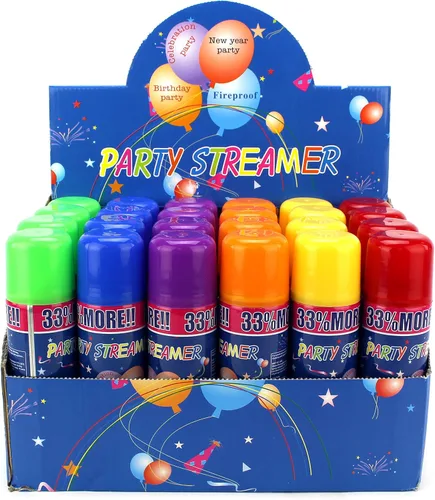 Party Streamer - Cuerda en aerosol en una lata para niños, suministros de fiesta para niños, perfecto para fiestas/eventos, 2 cajas de 24 latas
