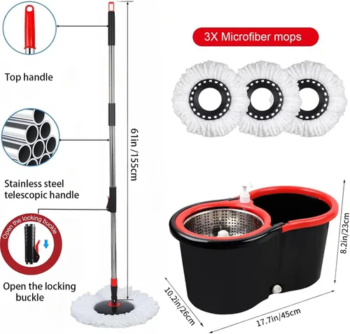 Miniatura 2 de Trapeador giratorio y cubo con juego de escurridor, sistema de cubo giratorio de 360° con 3 cabezales de repuesto de mopa de microfibra, mango