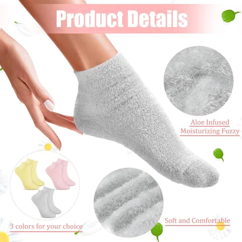 Miniatura 3 de Janmercy 3 pares de calcetines de aloe con gel hidratante para spa, calcetines de dormir esponjosos para pies secos y no resbaladizos con loción