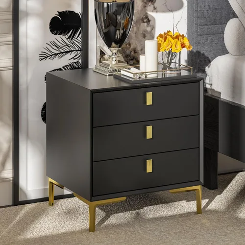 Homsee Mesita de noche de 3 cajones, moderna mesita de noche con almacenamiento, mesa auxiliar versátil con patas de metal para dormitorio, sala de