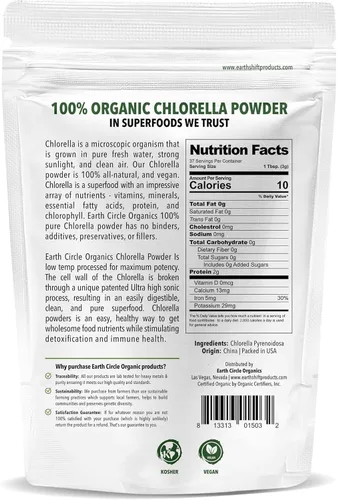 Miniatura 2 de Earth Circle Organics Chlorella en polvo orgánico Vegano, Kosher, pared celular rota, alto en proteínas, fibra y clorofila Algas súper verdes