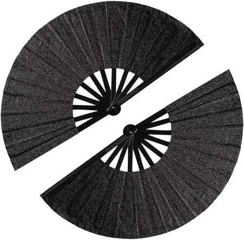 Paquete de 2 ventiladores de mano plegables grandes para fiestas, abanico de mano con purpurina para festivales, ventilador de mano plegable grande