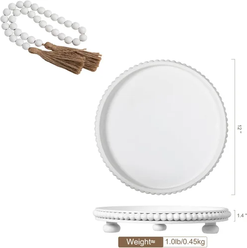 Miniatura 4 de Bandeja redonda de madera blanca de 12 pulgadas con guirnalda de cuentas de madera para decoración del hogar, bandeja decorativa para decoración