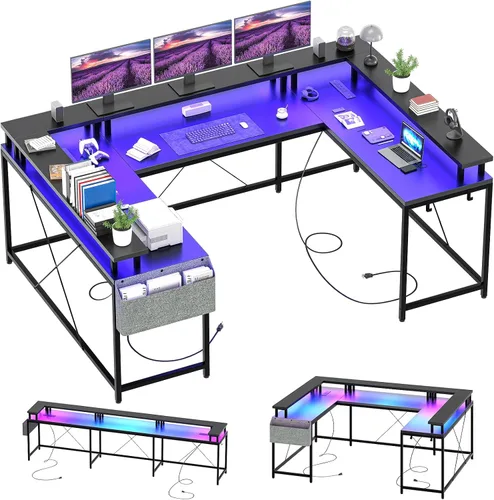 Miniatura 3 de GAOMON Escritorio en forma de U, escritorio para juegos en forma de U de 79 pulgadas con soporte para monitor y luces LED, escritorio grande