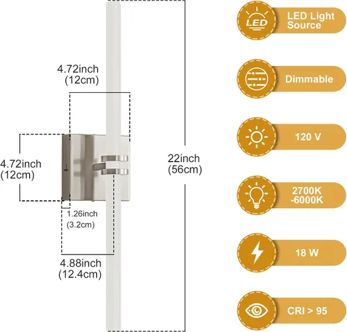 Miniatura 2 de Lámparas de baño, níquel cepillado de 18 W, LED de 360 °, iluminación completa, moderna aplique de pared lámpara de tocador con 5
