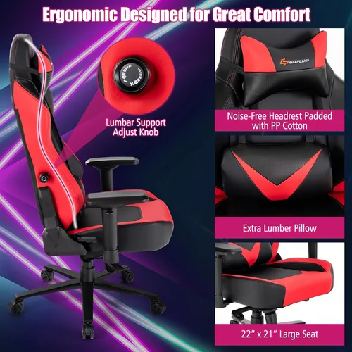 Miniatura 8 de Goplus Gaming Chair, 360° Swivel Computer Chair with Casters, Multi-Angle Reclining, Tension Control, 4D Armrest, Headrest, Gas Lift, Height