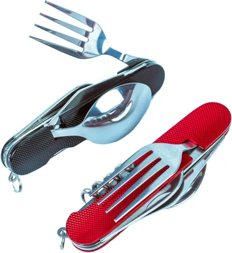 Cluck Juego de cubiertos de camping multifunción 6 en 1 con cuchara, tenedor y cuchillo desmontables, juego de cocina con bolsa de transporte (Rojo