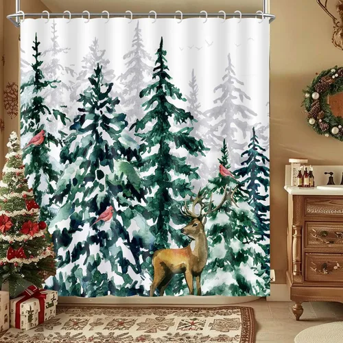 Miniatura 11 de Wathon Cortina de Ducha de Oso Negro de Invierno Escena Nevada Cortina de Baño con Osos Abrazándose Rodeados de Nieve y Bayas Rojas, Decoración