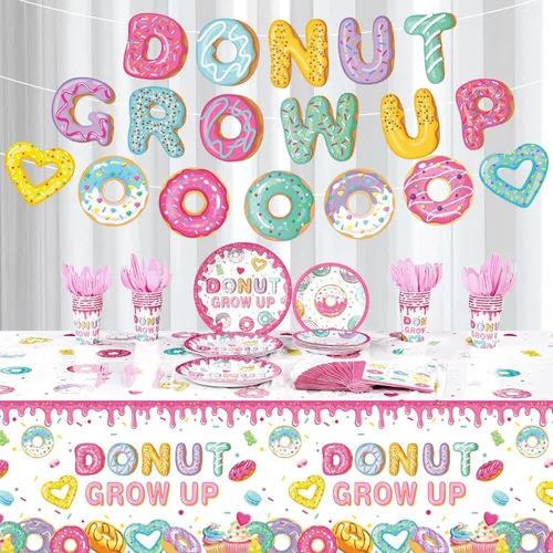 Miniatura 5 de Tiamon 171 piezas de decoraciones de fiesta de donas de Candyland para 24 invitados, decoraciones de fiesta temática de caramelos, incluye platos