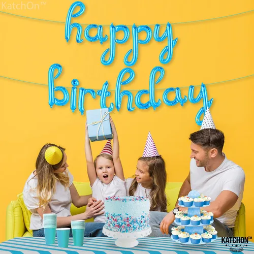 Miniatura 2 de KatchOn, Cartel azul de feliz cumpleaños – Cartel cursivo de feliz cumpleaños de 16 pulgadas, pancarta azul de feliz cumpleaños, decoraciones