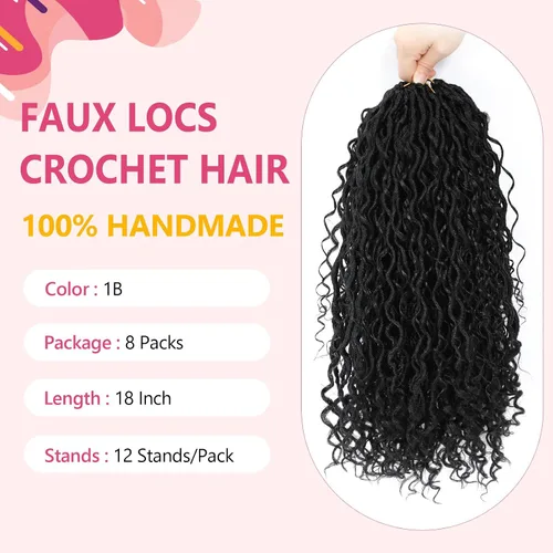Miniatura 5 de Paquete de 8 rastas de pelo sintético bohemio de ganchillo de 18 pulgadas, rastas suaves con extremos rizados, cabello de ganchillo preenrollado 1b#