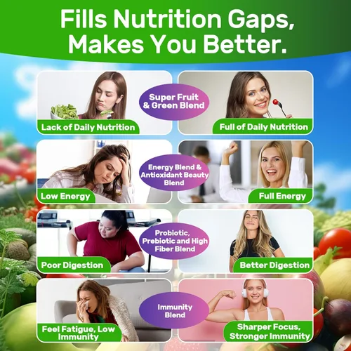 Miniatura 7 de Gomitas Super Greens, Gomitas de fibra de superalimento verde diario con espirulina, clorela, prebiótico, probiótico, frutas y verduras, vitaminas