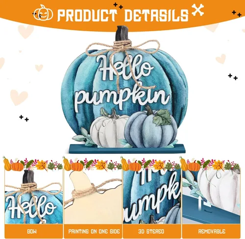 Miniatura 3 de Soaoo Decoración de Acción de Gracias, letrero de madera de otoño con texto en inglés "Hello Pumpkin", decoración de mesa de calabaza de otoño de 11