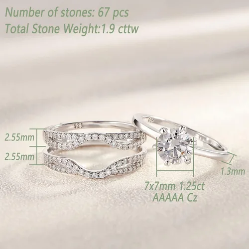 Miniatura 5 de Wuziwen Anillos de boda para mujer juego de anillos de compromiso redondos con circonita cúbica y solitario plata de ley talla 4-13 Piedra Zirconia