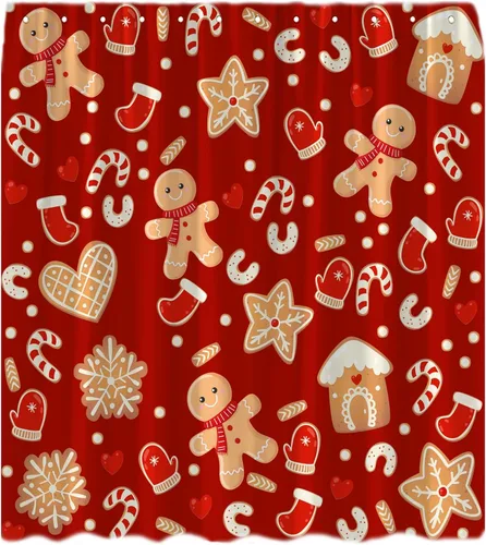 Cortina de ducha de Navidad con diseño de galletas, lindo cratoon copo de nieve, vacaciones de invierno, feliz año nuevo, cortina de baño con gancho