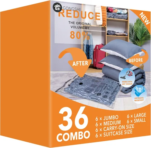Miniatura 20 de 10 paquetes de bolsas de almacenamiento al vacío (5 x grandes, 5 x medianas), bolsas compresoras selladoras ahorradoras de espacio con bomba de mano