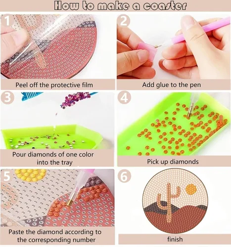 Miniatura 3 de Bulerrylulu Juego de 6 posavasos de pintura de diamantes con soporte, juego de posavasos de arte de diamante de paisaje para bebidas y mesa de café