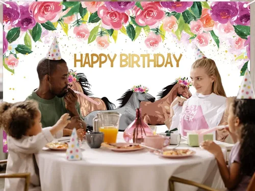 Miniatura 6 de Telón de fondo de caballo para fiesta de feliz cumpleaños, vaquera occidental, caballos, fondo floral rosa, pancarta de cumpleaños, decoración