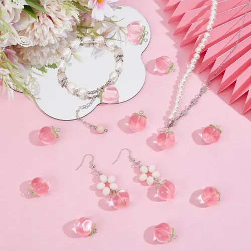 Miniatura 5 de OLYCRAFT 30 colgantes de durazno de resina transparente, colgante de fruta, dije de melocotón rosa con lazo 3D melocotones colgante colgante