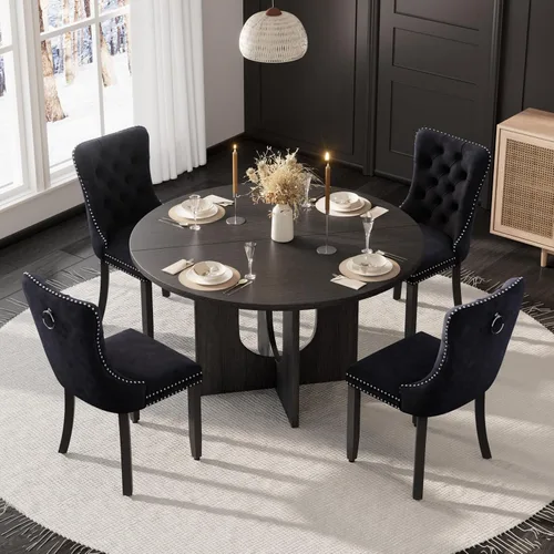 Miniatura 2 de Mesa de comedor redonda de 47 pulgadas para juego de mesa de cocina rústica de 6,7 piezas, mesa de comedor de granja, sillas negras de alta gama
