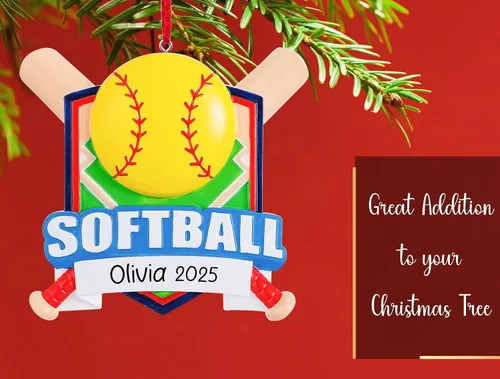 Miniatura 5 de Adorno de Navidad personalizado de sóftbol 2025 Decoración de árbol de Navidad de murciélagos de sóftbol y bola para niñas y niños Regalo