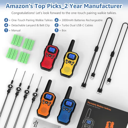 Miniatura 2 de Walkie Talkies para adultos Radios de 2 vías de largo alcance para niños recargables paquete de 4 unidades, senderismo, camping, esquí