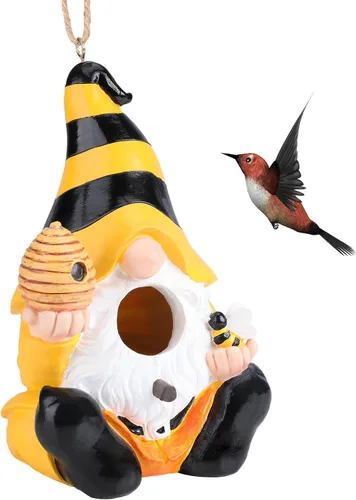 Miniatura 7 de Yinns Casa de Pájaros de Resina, Casas de Pájaros para Exteriores, Casas Decorativas para Pájaros, Casa de Pájaros Colgante con Gnomos Divertidos