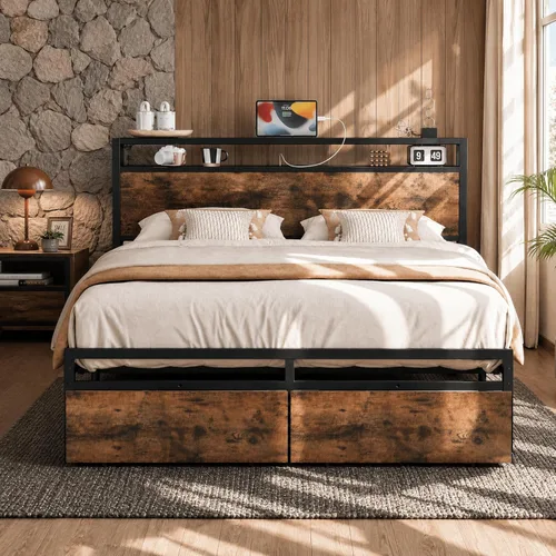 Miniatura 16 de LIKIMIO Base de cama Queen con cabecera de almacenamiento, cama de plataforma con cajones y estación de carga, no necesita somier, fácil montaje