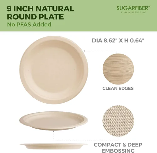 Miniatura 2 de Bagasse Platos redondos, desechables, de fibra de caña de azúcar natural (bambú), de 9 pulgadas, ecológicos, que pueden transformarse en abono.