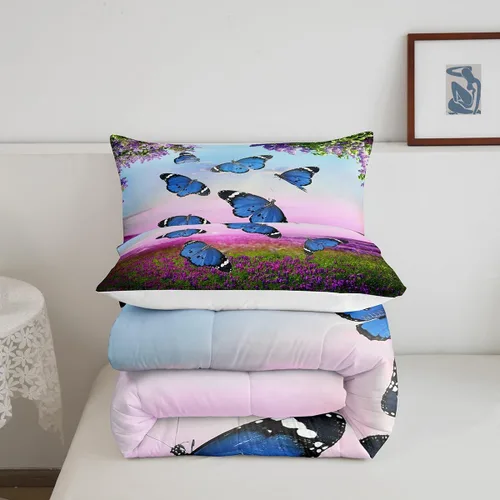 Miniatura 5 de Juego de ropa de cama de mariposa azul para adultos, mujeres y niñas, juego de edredón con estampado de lavanda morado, tamaño individual, diseño
