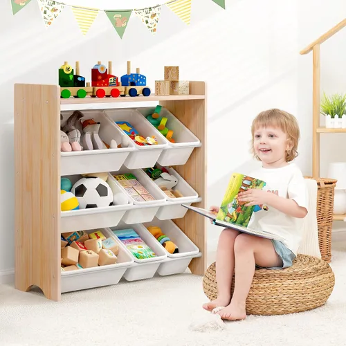 Miniatura 2 de MallBest Organizador de juguetes para niños con 9 contenedores – Estante de almacenamiento de 4 niveles 100% madera maciza para sala