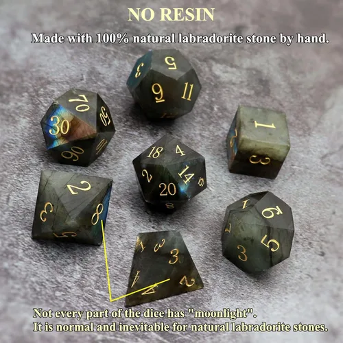 Miniatura 4 de Haxtec - Juego de dados de piedras preciosas de labradorita y piedra lunar, dados poliédricos DND con estuche premium compatible con juegos de mesa