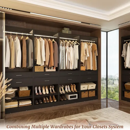 Miniatura 5 de Unikito Organizador de armario de 25 pulgadas de ancho x 80 pulgadas de alto, con barra para colgar y 2 cajones de madera, zapatero ajustable