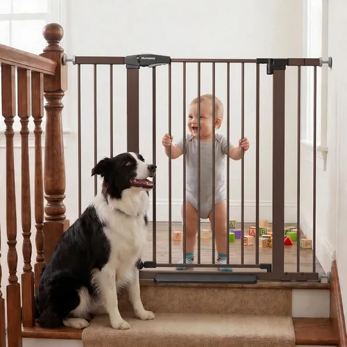 Miniatura 20 de Mumeasy Puerta de bebé de 29.7-46 pulgadas para escaleras, puerta de perro montada a presión para puertas, puerta de cierre automático a través
