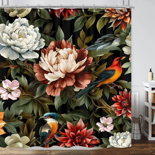 Miniatura 39 de Cortina de ducha de mariposa floral negra y dorada, cortina de ducha bohemia con diseño botánico de flores oscuras para baño con gancho, juego