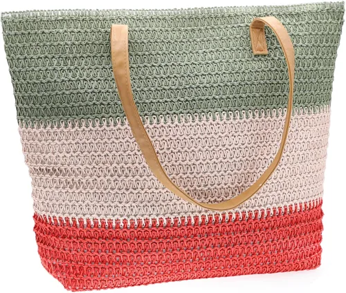 Miniatura 25 de Bolso grande de paja para mujer, tejido de ratán, bolso de playa de verano, a rayas