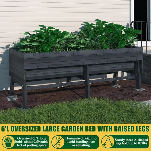 Miniatura 5 de MUPATER - Cama de jardín elevada de cedro de 6 x 3 x 2 pies para exteriores, cama de jardín elevada con patas, maceta elevada grande de 837 libras