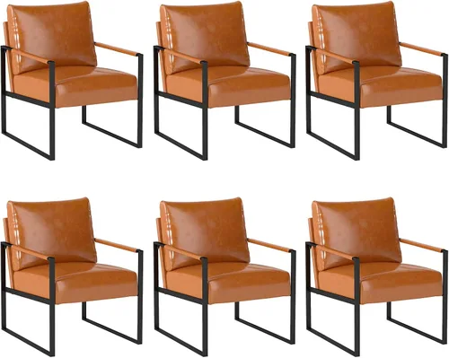 Miniatura 9 de INZOY Silla decorativa de cuero con marco de metal, cómoda silla de sala de estar con respaldo y cojín, silla moderna de mediados de siglo con Marrón