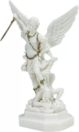 Miniatura 2 de Generic Saint St Michael Arcángel derrotó a Lucifer estatua griega figura de escultura con detalles dorados, oro blanco, altura: 9.1 in (9 pulgadas)